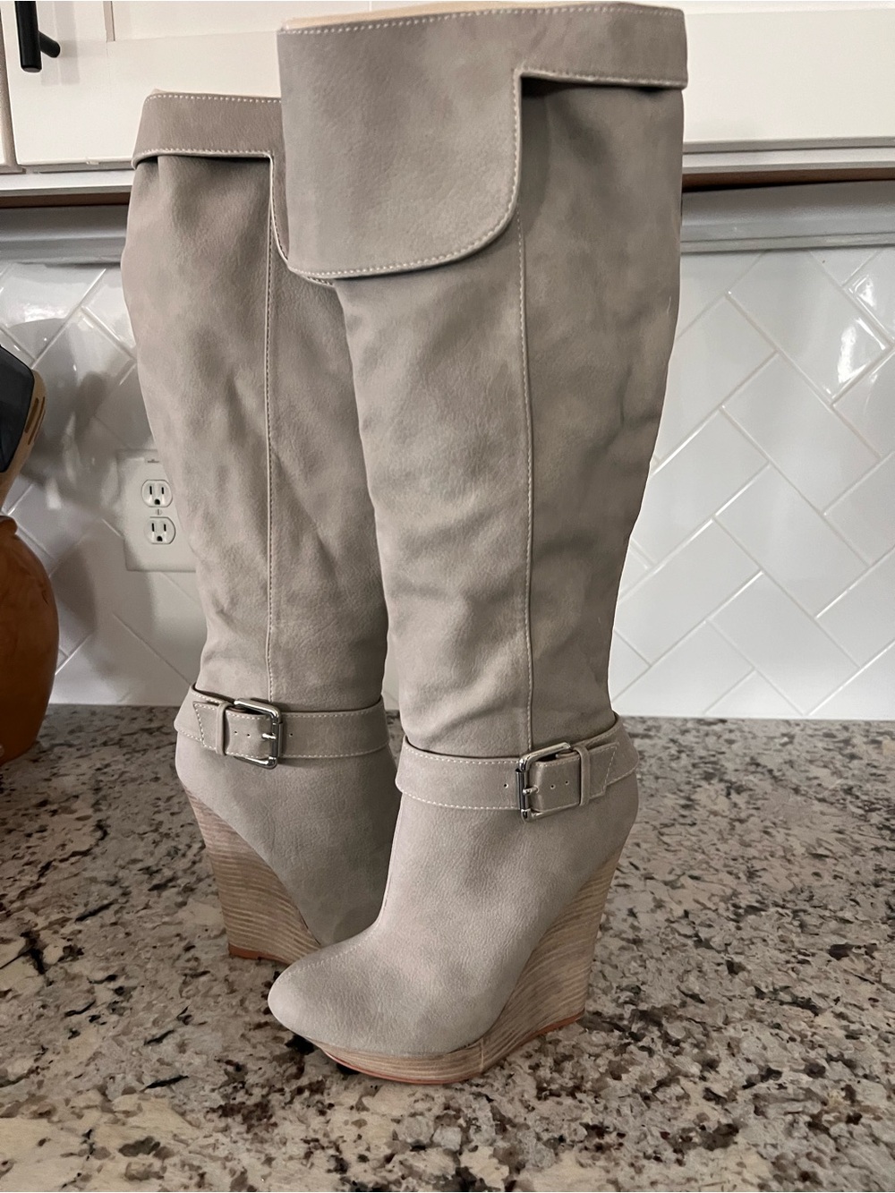 Taupe Over-the-Knee Wedge Boots with Buckle Detail
